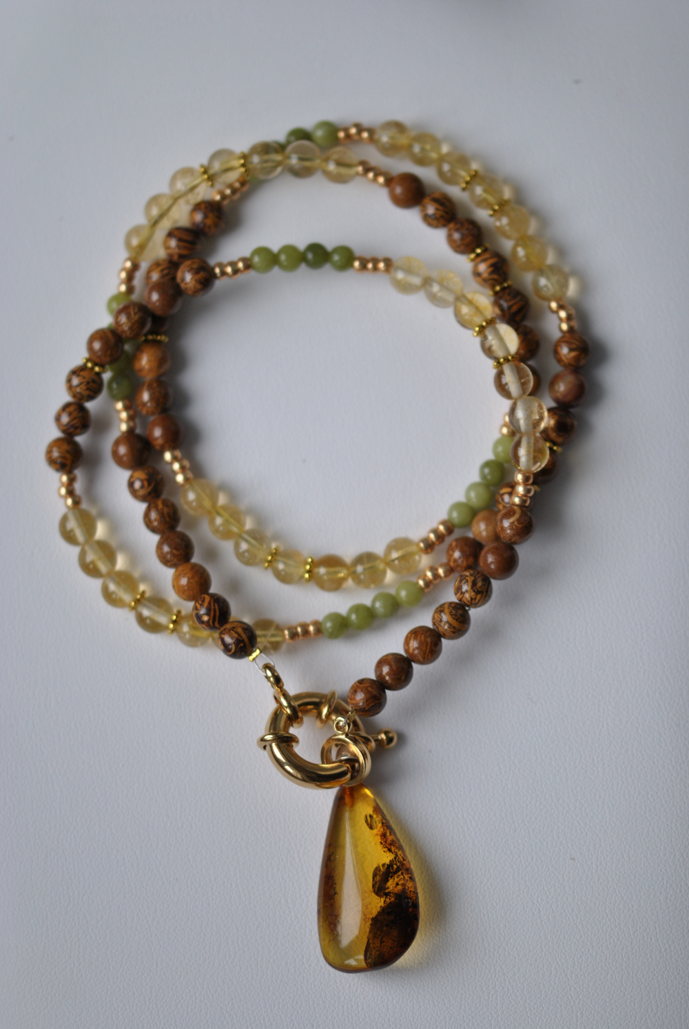 Jade, Elefantenhaut Jaspis, Citrin / Langehalskette mit Bernstein – Bild 5